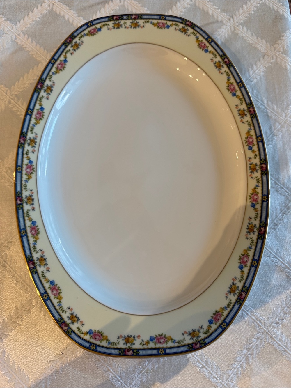 Antique Czech Oval Serving Platter in Cream with Blue and Pink Floral Border